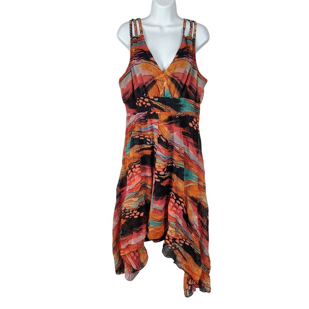Jessica Taylor Women 1X Abstract Print Studded Strap Handkerchief Hem Dress